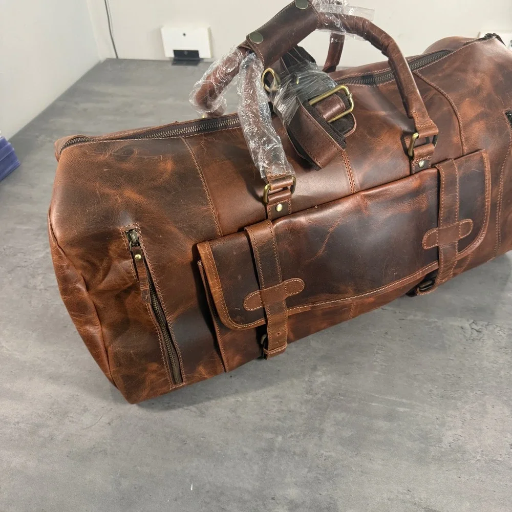 Denver Leather Craft Rio Duffel Men Large Brown Leather Shoe Compartment Travel
